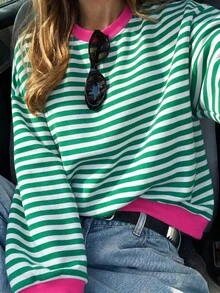 青少年女孩綠色與白色條紋圓領運動衫，可愛綠色與粉色拼接飾邊落肩套頭衫，百搭百搭春/秋/冬必備上衣 - 彩色 - 查看 2