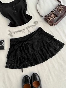 Attitoon Women's Casual Ultra Low Waist Lace Mini Skirt, Vintage, Y2K Style - Black - View 1