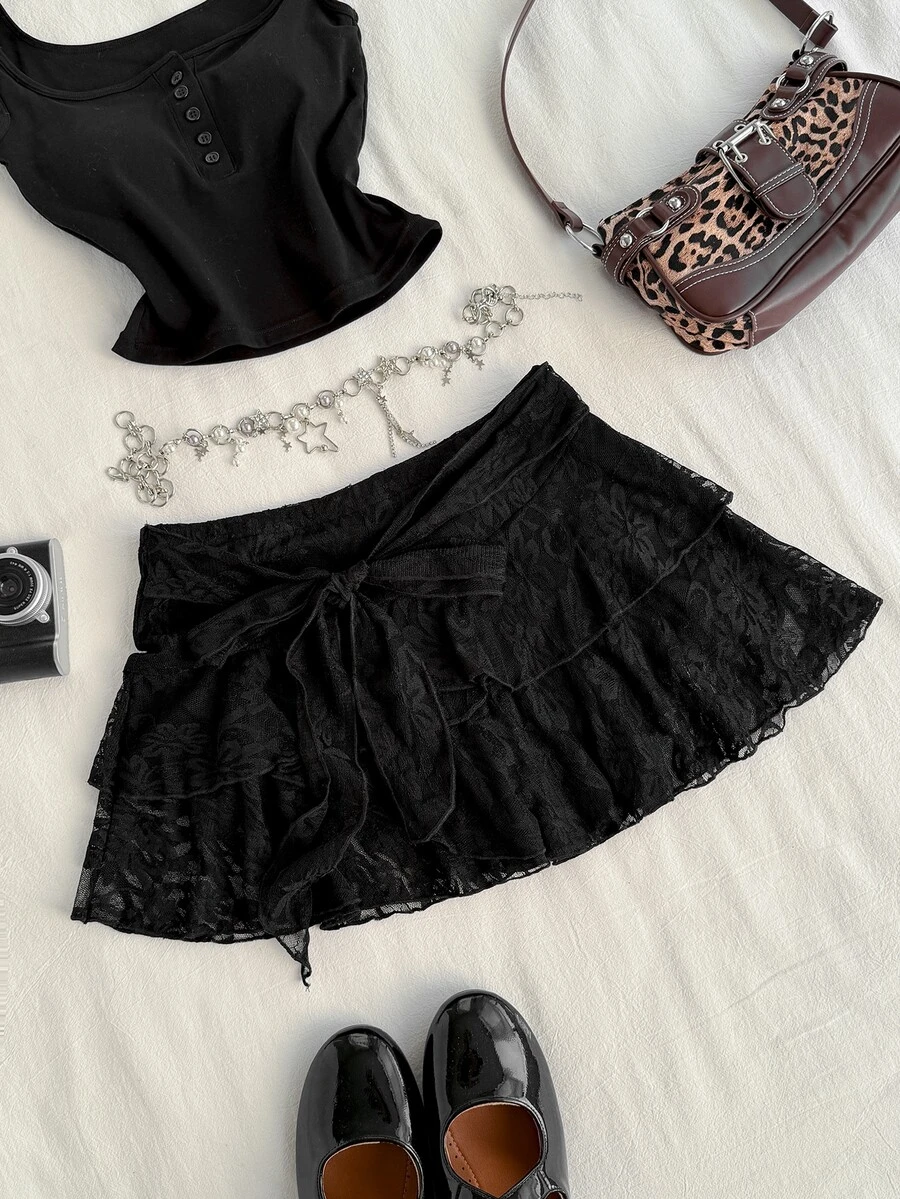 Attitoon Women's Casual Ultra Low Waist Lace Mini Skirt, Vintage, Y2K Style - Black - View 1