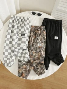 SHEIN 3件組男童寬鬆梭織長褲，秋冬款，夏季返校休閒口袋印花與素色圖案，舒適運動校園褲 - 灰色 - 查看 4