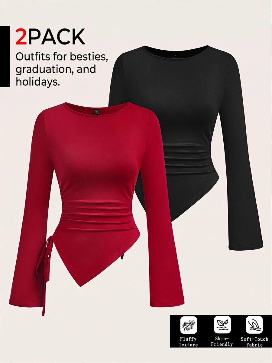SHEIN EZwear Women's Solid Color Long-Sleeve Crew Neck T-Shirts With Ruched Side Drawstring & Asymmetric Hem (2-Pack) - Multicolor - View 1