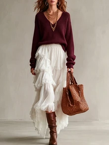 SHEIN New Spring Fall Korean Lazy Textured Knit V Neck Jumper Women Long Sleeve Loose Fit Short Length Casual - Burgundy - View 5