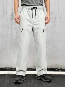 Men's Drawstring Waist Casual Cargo Sports Long Pants - Grey - View 4