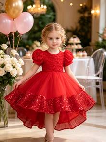 SHEIN Glamorique Kids 公主風女孩蓬蓬紗裙 兒童生日表演正式禮服 新生兒短袖婚禮花童裙 - 紅色 - 查看 4