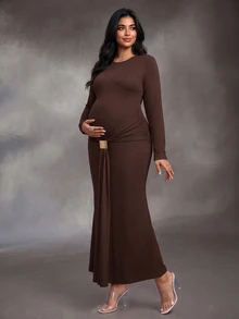 SHEIN Brown Slim Fit Flattering Ruched Twist Metal Buckle Long Sleeve Maternity Plus Size Dress For Party And Gathering - Brown - View 5