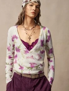 Bohemela Women's Floral Pattern Casual Daily Long Sleeve Sweater - Burgundy - View 4