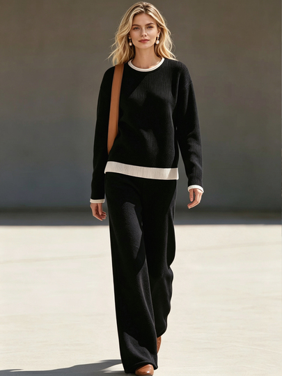 Trelyra Autumn/Winter, Casual, Black Colorblock Trim Sweater Set, Daily Wear, Home Wear, Holiday Wear, Street Style, Commute Wear, Women's 2 Pieces Sweater Set