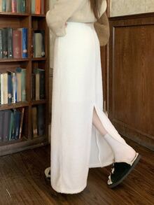 DAZY Women's Solid Color Back Slit Hem Long Casual Skirt - Beige - View 5
