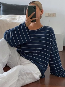 DAZY 女款條紋不對稱肩寬鬆街頭休閒T恤 - 藏蓝色 - 查看 5