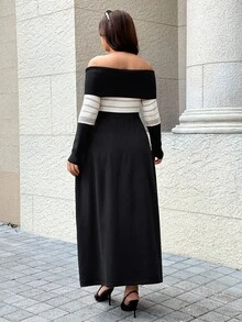 Easura Plus Size Off-Shoulder Jacquard Knit Waist-Cinching Midi Dress - Black - View 4