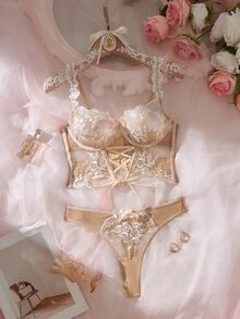 SHEIN 性感透視刺繡兩件套 - 杏色 - 查看 3