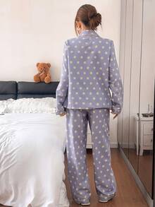 Napfluff Bubble Crinkle Star Print Lapel Long Sleeve Long Pants Pajama Set - Purple - View 2