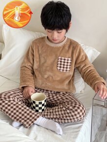 Genkimix Kids 男童灰色毛絨格紋長袖上衣與長褲休閒舒適兩件式居家服套裝 - 卡其色 - 查看 5