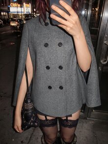 EgrlEra Small High Neck Double-Breasted Decor Cape Overcoat Casual Outing - Dark Grey - View 5