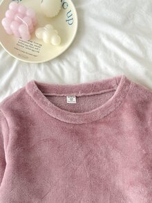 SHEIN Tween Girl 秋季/冬季 珊瑚絨毛套頭上衣與長褲 2 件套居家服套裝，粉紅色，女童服飾套裝 - 藕粉色 - 查看 4