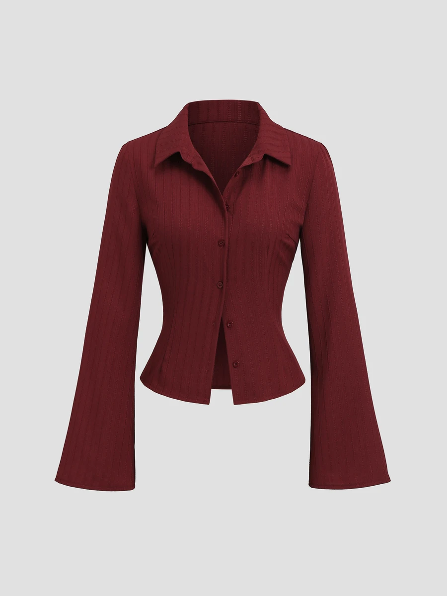 Sweetra Blus Wanita Terbaru Musim Gugur/Dingin, Modis, Kasual, Serbaguna, Warna Polos, dengan Desain yang Mengencangkan Pinggang, Cocok untuk Jalan-jalan, Bersosialisasi, Bepergian, dan Kencan. - Burgundy - View 1