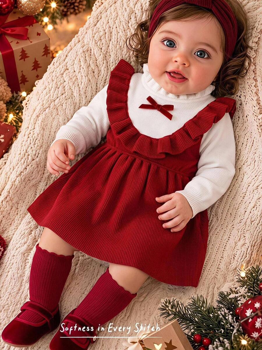Cozy Pixies فستان محبوك عصري للبنات الصغيرات مزين بفيونكة وتصميم ألوان متباينة وطيات - متعدد الألوان - مشاهدة 1