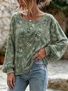 Linhara Plus Size Woven Printed Casual Autumn Shirt Fall - Green - View 5