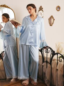 Côtesoire Plus Size Women's Contrast Lace Bell Sleeve Single-Breasted Top And Pants Elegant Pajama Set - Baby Blue - View 1