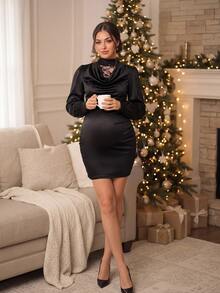 Cheriluna Maternity Maternity Dress Elegant Elegant Party Photography Long Sleeve Small Stand Collar Lace Double Layer Design Front Ruffle Neck Design Back Zipper Slim Fit Bodycon Black Knit Fabric Dress - Black - View 4