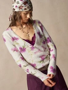 Bohemela Women's Floral Pattern Casual Daily Long Sleeve Sweater - Burgundy - View 3