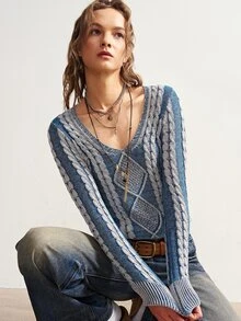 Bohemela Fall/Winter, Mixed Blue V Neck Twisted Rope Knit Washed Pullover Sweater,Vintage Twist Special Dye Technique,Concert Party Outfit,Daily&Going Out Wear - Blue and White - View 1