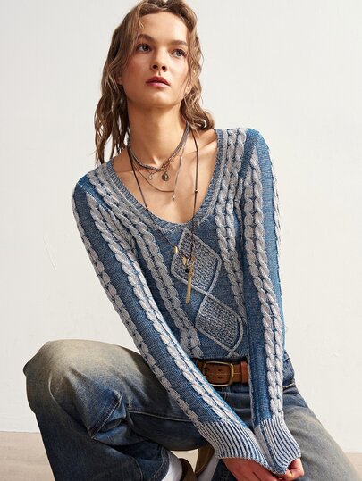 Bohemela Fall/Winter, Mixed Blue V Neck Twisted Rope Knit Washed Pullover Sweater,Vintage Twist Special Dye Technique,Concert Party Outfit,Daily&Going Out Wear