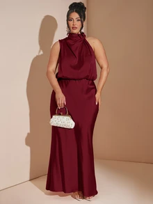 SHEIN BAE 大尺碼女款純色休閒派對掛脖洋裝聖誕節 - 酒紅色 - 查看 3