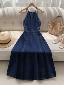 SHEIN Essnce 女款休閒日常穿著夏季細肩帶牛仔洋裝 - 深色水洗藍 - 查看 6