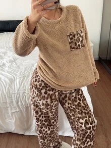 Napfluff Women's Casual Leopard Print Coral Fleece Thick Plush Pajama Set - Multicolor - View 6