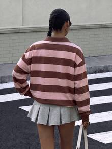Muchica 女款 Polo 領長袖寬鬆運動衫，棕色與粉色條紋學院風返校季服飾 - 彩色 - 查看 2