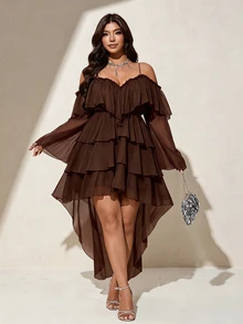 Viva Relle Plus Size Women Solid Color Cold Shoulder Bell Sleeve Multi-Layer Ruffle High-Low Hem Elegant Dress Fall - Brown - View 5