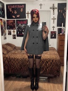 EgrlEra Small High Neck Double-Breasted Decor Cape Overcoat Casual Outing - Dark Grey - View 6