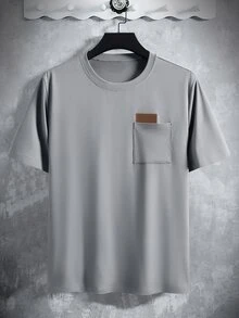Manfinity Homme Kaos Pria Lengan Pendek Kerah Bulat dengan Saku Tempel di Dada Kiri dan Label Kulit - Light Grey - View 4