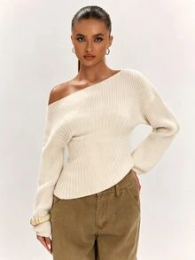 SHEIN BAE 秋冬新款女式時尚百搭優雅時髦純色針織修身抓皺休閒毛衣 夜店風 深棕色 - 杏色 - 查看 6
