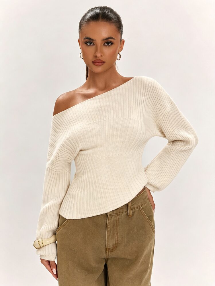 SHEIN BAE Sweater Rajut Kasual Model Pas Badan dengan Detail Kerut Warna Polos untuk Wanita, Cocok untuk Acara Malam Hari, Warna Cokelat Tua, Model Baru untuk Musim Gugur/Dingin. - Aprikot - View 6