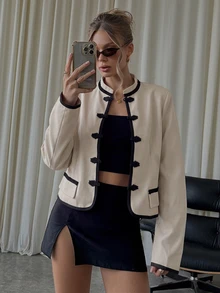 SHEIN BAE 女款時尚青蛙鈕扣長袖拼色夾克 日常穿著 黑白配色 秋季優雅 - 卡其色 - 查看 7