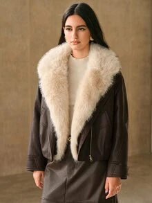 Anewsta Women Oversized Faux Fur Collar Faux Leather Cropped Jacket - Brown - View 3