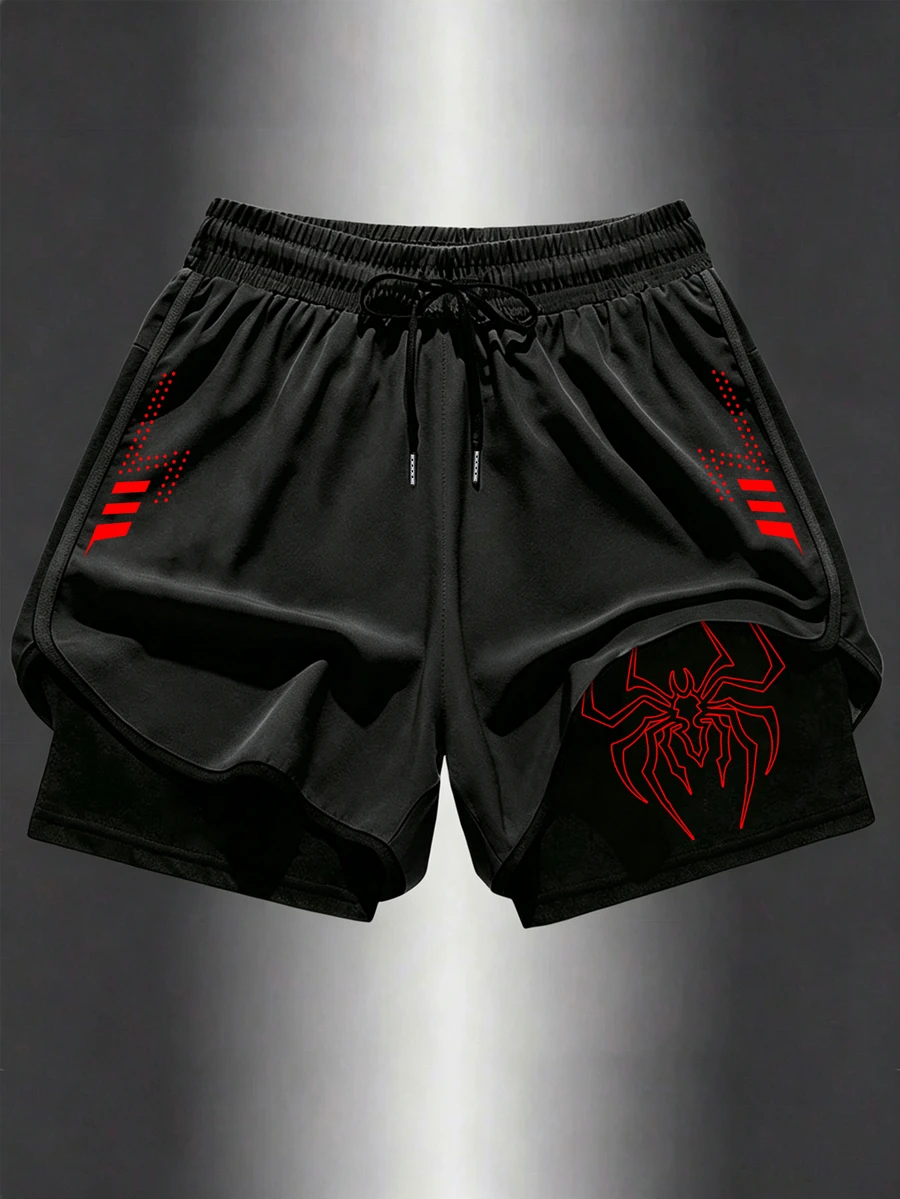 Gym Rark Pantalones cortos deportivos casuales de uso diario con patrón de araña y cintura con cordón para hombres - Negro - Ver 1