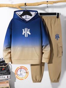 SHEIN 兒童青少年男孩休閒運動漸層紮染連帽衛衣與卡其色工裝束口休閒褲套裝，適合秋冬、學校、家庭聚會、度假、派對，秋季穿搭、冬季穿搭，男孩套裝 - 彩色 - 查看 3