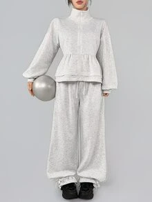 DAZY Women's Solid Color Zip-Up Long Sleeve Sweatshirt And Wide Leg Pants Sports Set - Light Grey - View 8