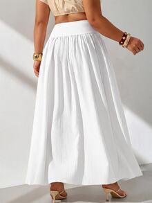 GalTyme Plus Size Minimalist Pleated Loose Long Skirt For Beach Vacation Fall - White - View 2