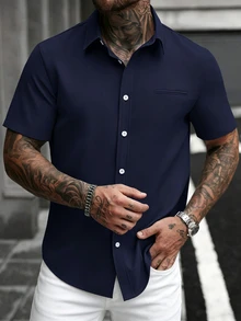 Manfinity CasualCool 男士白色休閒商務短袖襯衫，正式辦公度假穿搭 - 寶藍色 - 查看 5
