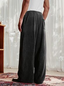 SWAVVY Men's Casual Loose Long Pants, Spring/Autumn/Summer, Standard Size, Embroidered Black Snow Wash - Black - View 6