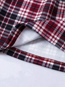 Elladie kids 少女美式學院風服飾套裝，紋理長袖T恤上衣與配套鈕扣裙 2件套搭配組合 - 酒紅色 - 查看 8