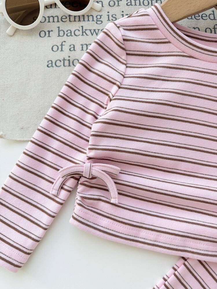 LMoss Kids Babygirl Casual Versatile Striped Knit Coffee Color Long Sleeve T-Shirt And Pants Set - Pink - View 4