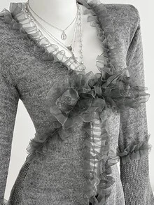 Elamini Women's Mesh Patchwork Casual Versatile Daily Wear Cardigan - Dark Grey - View 4