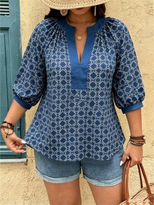 Linhara Fashionable Casual Vacation Vintage Elegant Commute 3/4 Sleeve Blue Printed Blouse - Blue - View 5