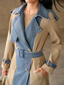 Anewsta Jaket & Mantel Denim Wanita Premium Musim Semi/Gugur, Model Double-Breasted dengan Detail Ikat Pinggang, Warna Putih & Biru, Cocok untuk Komuter. - Khaki - View 2