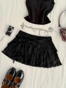 Attitoon Women's Casual Ultra Low Waist Lace Mini Skirt, Vintage, Y2K Style - Black - View 6